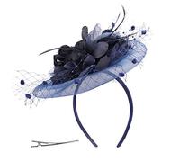 JNGUOSICN Ladies Feather Fascinators Hat Flowers Veil Headband Bridal Wedding Vintage Hair Clip Tea Party Bowler Hat Dress up Banquet Party Hair Accessories Navy Blue