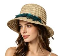 JNGUOSICN Straw Boater Hat for Adults Classic Vintage Flat Top Summer Cap Straw Beach Hat with Feather Wide Brim Church Cap for Formal Event, Fancy Dress Beige