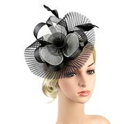 JNGUOSICN Women Fascinator Wedding Hat Flower Mesh Headwear Feather Flapper Bridal Headdress Feather Big Flower Headband Tea Party Hat Big Top Headpiece Hair Clips Race Derby Ascot Headwear Black