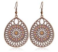 JNONL Bohemian Ethnic Vintage Copper Enamel Teardrop Dangle Drop Earrings Unique Alloy Sparkly Crystal Beaded Flower Hook Earrings For Women, M, Metal, No Gemstone