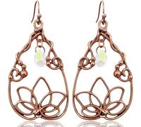 JNONL Bohemian Vintage Copper Lotus Flower Dangle Drop Earrings Handmade Sparkly Crystal Teardrop Hook Earrings for Women, M, Metal, No Gemstone