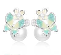 JNONL Dainty Silver Long Chain Enamel Butterfly Dangle Drop Earrings Aesthetic Pearl Wings Flower Stud Earrings for Women, M, Metal, No Gemstone