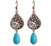 JNONL Handmade Bohemian Vintage Copper Turquoise Teardrop Dangle Drop Earrings Unique Hollow Leaf Pattern Geometry Hook Earrings For Women, M, Metal, No Gemstone