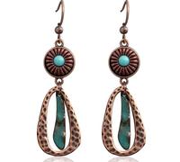 JNONL Handmade Vintage Copper Teardrop Leaf Dangle Drop Earrings Bohemian Retro Hollow Oval Rectangle Hook Earrings for Women, M, Metal, No Gemstone