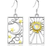 JNONL Silver Sun Moon Gold Star Dangle Drop Earrings Sparkly Moonstone Moon Rectangle Tarot Card Geometry Hook Earrings for Women, M, Metal, No Gemstone