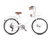 JNPGVTCD Hybrid Cruiser Bicycle for Youth Girls, 7-Speed Urban Commuter with Front Basket & Rear Rack, Dual Disc Brakes Safe Riding