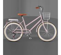 JNPGVTCD Hybrid Cruiser Bicycle for Youth Girls and Women, 6-Speed Urban Commuter with Front Basket & Rear Cargo Rack, Sensitive Brakes Safe Riding