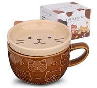 JNSMFC Cute Ceramic Cat Coffee Mug with Lid,Kawaii Coffee Mugs or Tea Cups,Funny Novelty Cat Breakfast Mugs for Women Wife Mum Girls Boys Friends Kids Christmas Birthday Gift,300ML（Brown）