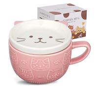 JNSMFC Cute Ceramic Cat Coffee Mug with Lid,Kawaii Coffee Mugs or Tea Cups,Funny Novelty Cat Breakfast Mugs for Women,Wife,Mum,Girls,Boys,Friends,Kids,Christmas,Birthday Gift,300ML（Pink）
