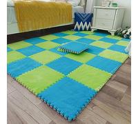 JNTFNE 10 Pieces 12"x12" Plush Puzzle Foam Floor Mat with Border, Square Interlocking Carpet Fluffy Area Rug, Non-Slip Playmat for Parlor Bedroom(Color:Green+Dark Blue)