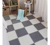 JNTFNE 12 Piece Jigsaw Foam Floor Mat,Puzzle Playmats,Interlocking Carpet Tiles with Border,Living Room,Bedroom,30 Cm and 60 Cm(Size:12x12x0.39 Inch,Color:Light Gray+Beige)