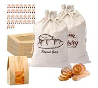 JNYLYFC 2 Pcs Reusable Linen Cotton Bread Storage Bags & 20 PCS Kraft Paper Bakery Bags with Sealing Stickers for Sourdough, Cookies, Snacks & Gift-30 x 45 & 35 x 45cm