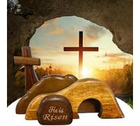 JNYVE Easter Scene Wooden Decorations - Easter Empty Tomb Resurrection Scene and Cross Decor - Jesus Christian Religious Tomb Signs Easter Tiered Tray Decoration for the Home Table Mantel Office