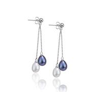 Jo & Co. 7.5 X 9.5 mm Double Drop Freshwater Cultured Pearl Earrings, in Sterling Silver, Good Lustre, Pierced Ears, Contemporary Packaging. Some Variation in Colour Tone May Occur (Black and White)