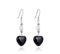 Jo & Co. Black Agate, Pearl and Sterling Silver Drop Earrings, Black Agate Heart, Sterling Silver Beads and White Oval-Shaped Freshwater Pearl, Rhodium-Plated 925 Sterling Silver, Attractively Priced