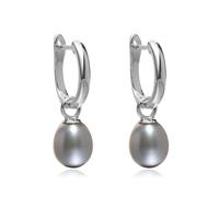 Jo & Co. Freshwater Cultured Pearl and 925 Sterling Silver Rhodium-Plated, Lyre Shaped Hoop and Drop Earrings, 8 X 10 mm Silver Grey, Detachable Pearl, Some Variation in Colour Tone May Occur