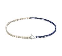 Jo & Co. Half Pearl Half Gemstone Beaded Necklace - 4mm Rice Freshwater Pearls & 4mm Polished Lapis Lazuli Beads with Sterling Silver Rhodium Plated Toggle Clasp (Rhodium Plated Silver, Lapis Lazuli)