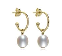 Jo & Co. J Hoop White Oval Pearl Drop Earrings - Sterling Silver Gold Plated Hoops with Natural Freshwater Pearls - Elegant Classic Jewellery for Women (White-GM, Medium, Gold Plated)