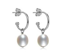 Jo & Co. J Hoop White Oval Pearl Drop Earrings - Sterling Silver Rhodium Plated Hoops with Natural Freshwater Pearls - Elegant Classic Jewellery for Women (White-RS, Small, Rhodium Plated)