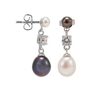 Jo & Co. Sterling Silver Mismatched Peacock Black and White Pearl Stud and Drop Earrings, With Cubic Zirconia, For Pierced Ears, Good Lustre, Attractively Packaged, Some Variation in Tone May Occur