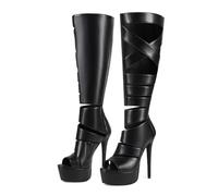 JO FU KEI Dark Black Gothic Platform Knee High Heels Gladiator Summer Boots, Cool Y2K Punk Hot Girl Big Large Size Shoes For Women