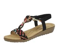 Jo & Joe Ladies Beaded T-bar Low Wedge Sandals - Marrakesh - Black - UK 6