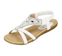 Jo & Joe Ladies Faux Leather Open Toe Sling Back T-Bar Diamante Gem Stone Flat Gladiator Summer Sandals Size 3-8 (UK 8, White)