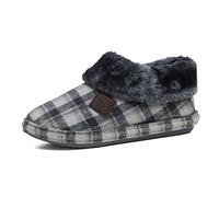 Jo & Joe Ladies Faux Suede Sheepskin Fur Collar Fleece Lined Warm Luxury Bootee Slippers Size 4-8 (Charcoal Tartan, 6 UK, numeric_6)