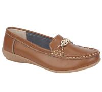 Jo & Joe Ladies Leather Slip On Gold Effect and Diamante Trim Loafers (Tan, UK 4