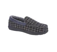 Jo & Joe Men's Moccasin Slippers, Herringbone Check Tweed, Fleece and Faux Fur Lined, Slip-On (Navy Check, UK Footwear Size System, Adult, Men, Numeric, Medium, 7)