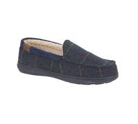 Jo & Joe Men's Moccasin Slippers, Herringbone Check Tweed, Fleece and Faux Fur Lined, Slip-On (Navy Herringbone, UK Footwear Size System, Adult, Men, Numeric, Medium, 7)