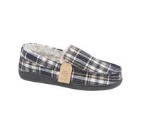 Jo & Joe Men's Moccasin Slippers, Herringbone Check Tweed, Fleece and Faux Fur Lined, Slip-On (Navy Plaid, UK Footwear Size System, Adult, Men, Numeric, Medium, 7)