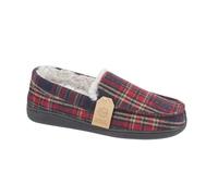 Jo & Joe Men's Moccasin Slippers, Herringbone Check Tweed, Fleece and Faux Fur Lined, Slip-On (Red Plaid, UK Footwear Size System, Adult, Men, Numeric, Medium, 8)