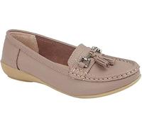 Jo & Joe Nautical Ladies Leather Loafer Shoes, Tassel Flat, Women's Size 7.5-8, Flexible Rubber Grip Sole, Round Toe, Pull-On, 1 inches Heel, Cold Lining, Solid, Low Top, Comfort Wear, Party