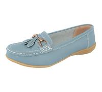 Jo & Joe Nautical Ladies Leather Loafer Shoes, Tassel Flat, Women's Size 7.5-8, Flexible Rubber Grip Sole, Round Toe, Pull-On, 1 inches Heel, Cold Lining, Solid, Low Top, Comfort Wear, Party