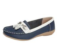 Jo & Joe Nautical Ladies Leather Loafer Shoes, Tassel Flat, Women's Size 7.5-8, Flexible Rubber Grip Sole, Round Toe, Pull-On, 1 inches Heel, Cold Lining, Solid, Low Top, Comfort Wear, Party