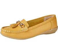 Jo & Joe Women Leather Flat Loafer Ladies Casual Comfy Slider Low Wedge Heel Work Shoes (Mustard, Numeric_4)