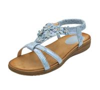 Jo & Joe Womens Low Wedge Sandals Diamante Floral Holiday Ladies Adjustable Sandals Blue 6