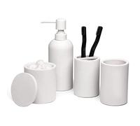 Jo Lavie Matte White Bathroom Accessories Set - 4-Piece Resin Countertop Organizer with Soap Dispenser, Tumbler, Toothbrush Holder & Cotton Swab Jar - Modern Minimalist Vanity Kit