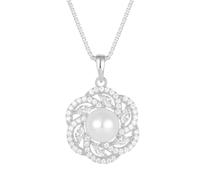 JO WISDOM 925 Sterling Silver 8mm Freshwater Pearl Pendant Necklace Cubic Zirconia with White Gold Plated Jewellery for Women