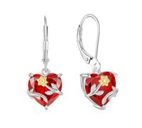 JO WISDOM 925 Sterling Silver Sunflower Daisy Heart Dangle Drop Earrings 3A Cubic Zirconia January Birthstone Garnet Color Jewellery for Women
