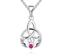 JO WISDOM Claddagh Necklace,Celtic Knot Cubic Zirconia July Birthstone Ruby Color Red Pendant Necklace Irish Jewellery for Women
