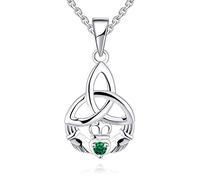 JO WISDOM Claddagh Necklace,Celtic Knot Cubic Zirconia May Birthstone Emerald Color Green Pendant Necklace Irish Jewellery for Women