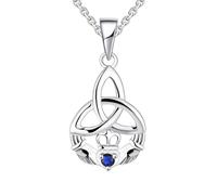 JO WISDOM Claddagh Necklace,Celtic Knot Cubic Zirconia September Birthstone Sapphire Color Blue Pendant Necklace Irish Jewellery for Women