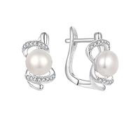 JO WISDOM Oval Hoop Earrings,925 Sterling Silver 7mm Freshwater Pearl Earrings with 3A Cubic Zirconia with White Gold Plated