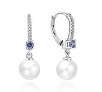 JO WISDOM Pearl Earrings,925 Sterling Silver 3A CZ December Birthstone Tanzanite Color 8mm Pearl Leverback Drop Earrings,Jewellery for Women