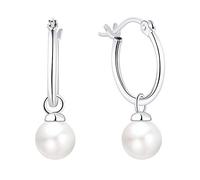 JO WISDOM Pearl Hoop Earrings,925 Sterling Silver 7mm Pearl Drop Earrings with White Gold Plated,Wedding Earrings for Women