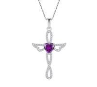 JO WISDOM Women 925 Sterling Silver Infinity Cross Heart Pendant Necklace Cubic Zirconia February Birthstone Amethyst Color Purple Angel Wings Jewellery for Women