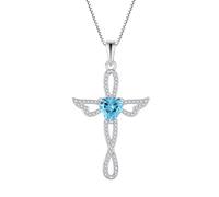 JO WISDOM Women 925 Sterling Silver Infinity Cross Heart Pendant Necklace Cubic Zirconia March Birthstone Aquamarine Color Blue Angel Wings Jewellery for Women
