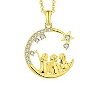 JO WISDOM Women Cresent Moon Star Necklace,925 Sterling Silver 3 Sisters/Friends Pendant Necklace with 3A Cubic Zirconia with Yellow Gold Plated